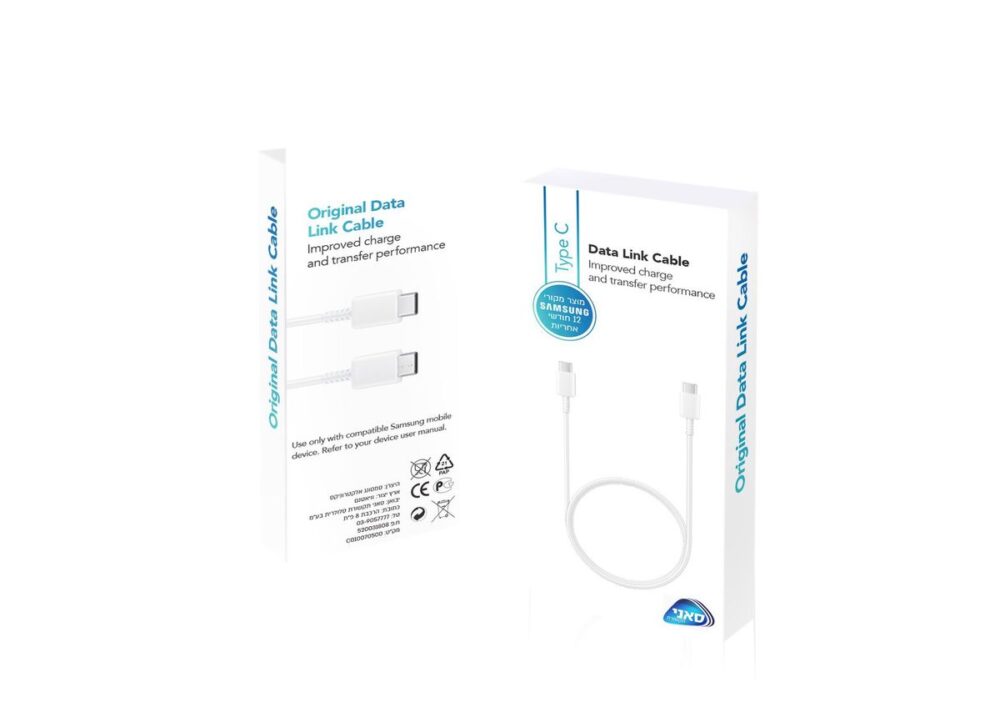 כבל סנכרון וטעינה מקורי של סמסונג Samsung USB Type-C זכר ל-USB Type-C זכר באורך 0.8 מטרים
