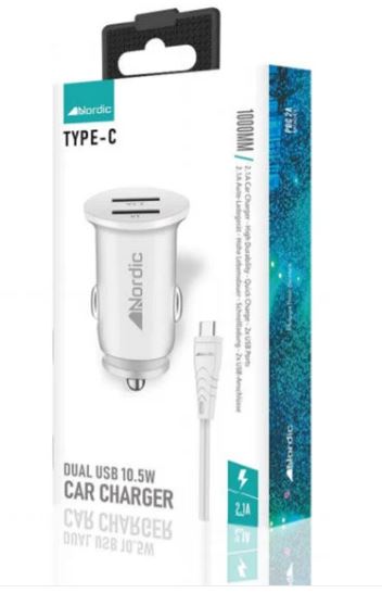 מטען מהיר פרמיום לרכב עם 2 יציאות USB וכבל USB-C מבית Nordic