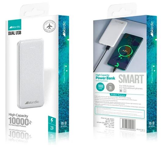 מטען נייד 10000mAh עם 2 יציאות לבן Nordic